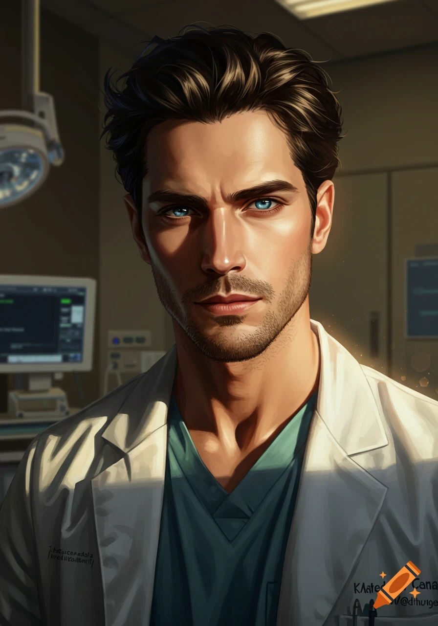 Close-up portrait of a male doctor with blue eyes wearing a white coat, realistic style