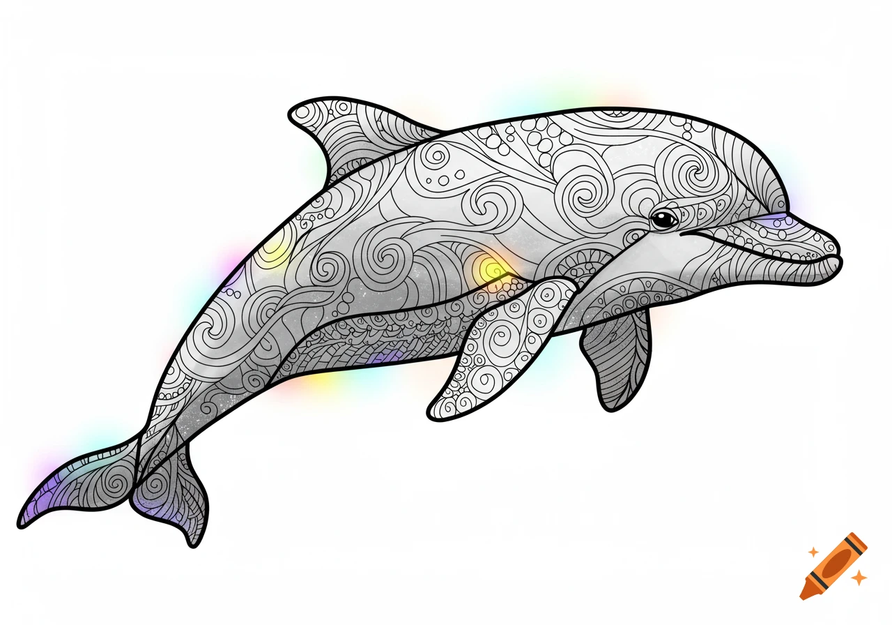 Stylized black and white dolphin with intricate patterns and subtle rainbow highlights, like a coloring page.