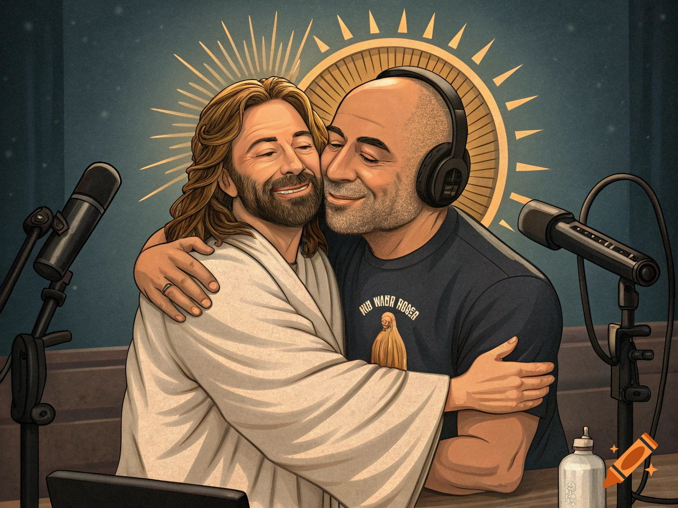 Illustration of Jesus and Joe Rogan hugging at a podcast desk with microphones.