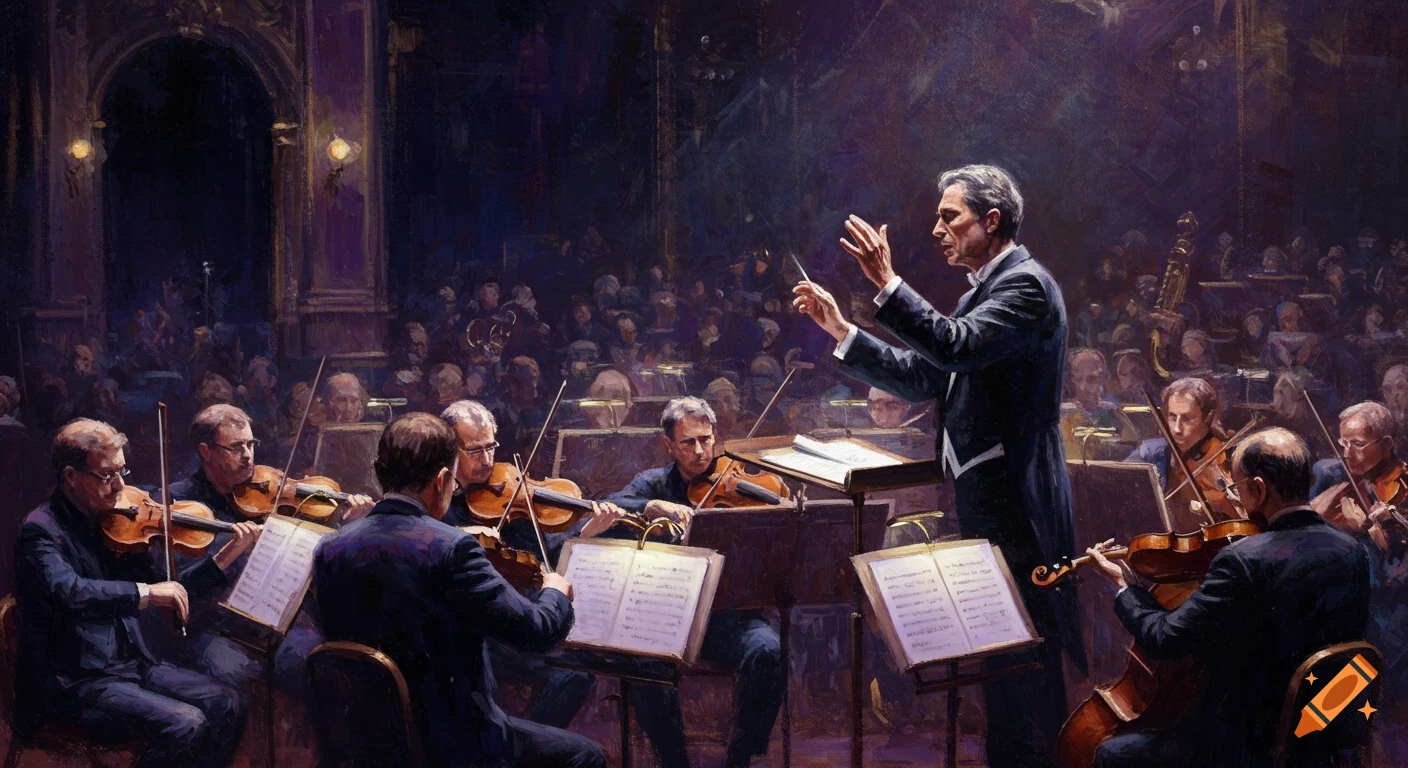 Abstract oil painting of a conductor leading an orchestra in a dimly lit theater.