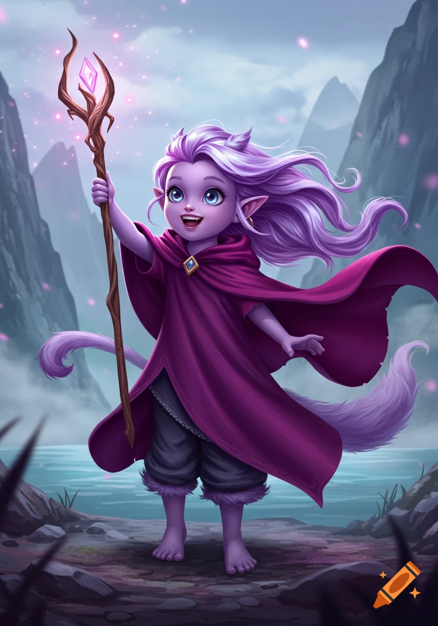 A small purple fantasy creature with a tail and cloak holds a glowing ...