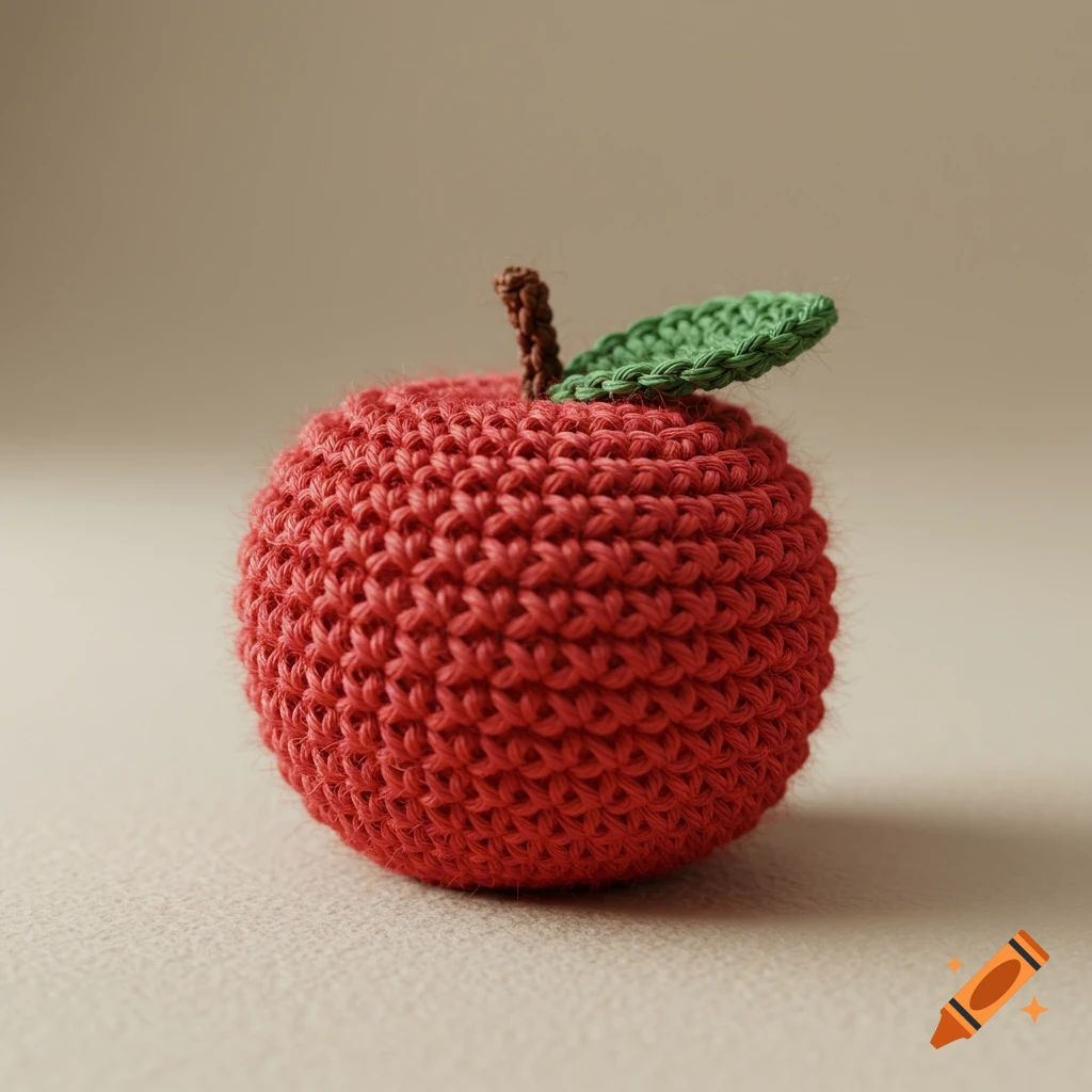 Close-up photo of a red crocheted apple with a green leaf