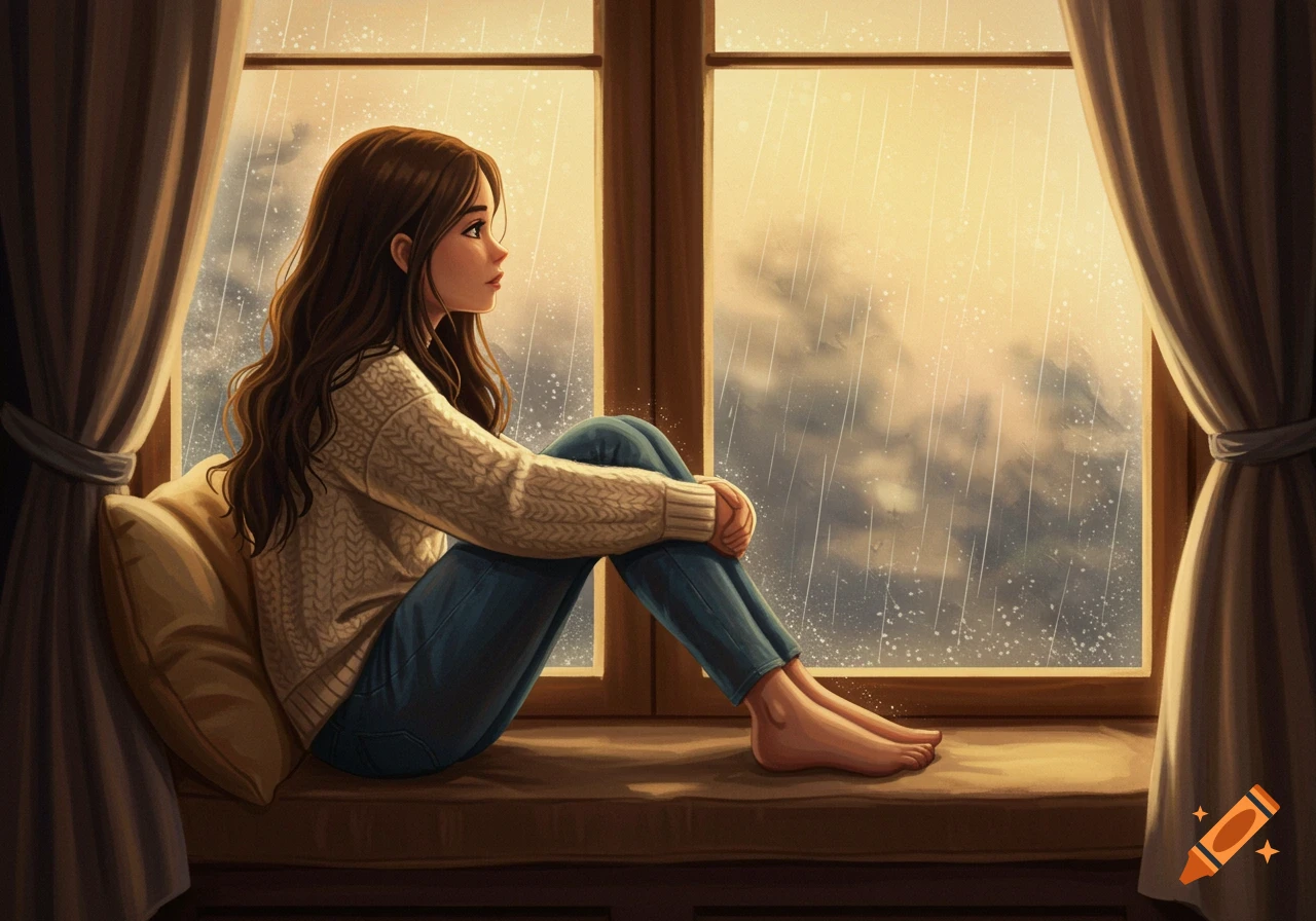 A girl sits by a window looking out at the rain in an illustration style.