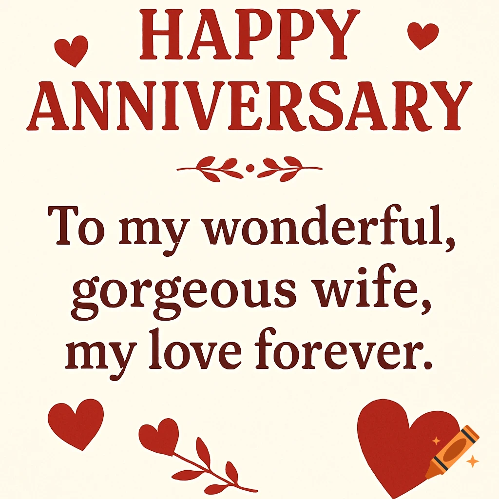Happy Anniversary greeting card with text, hearts, and leaf graphics.