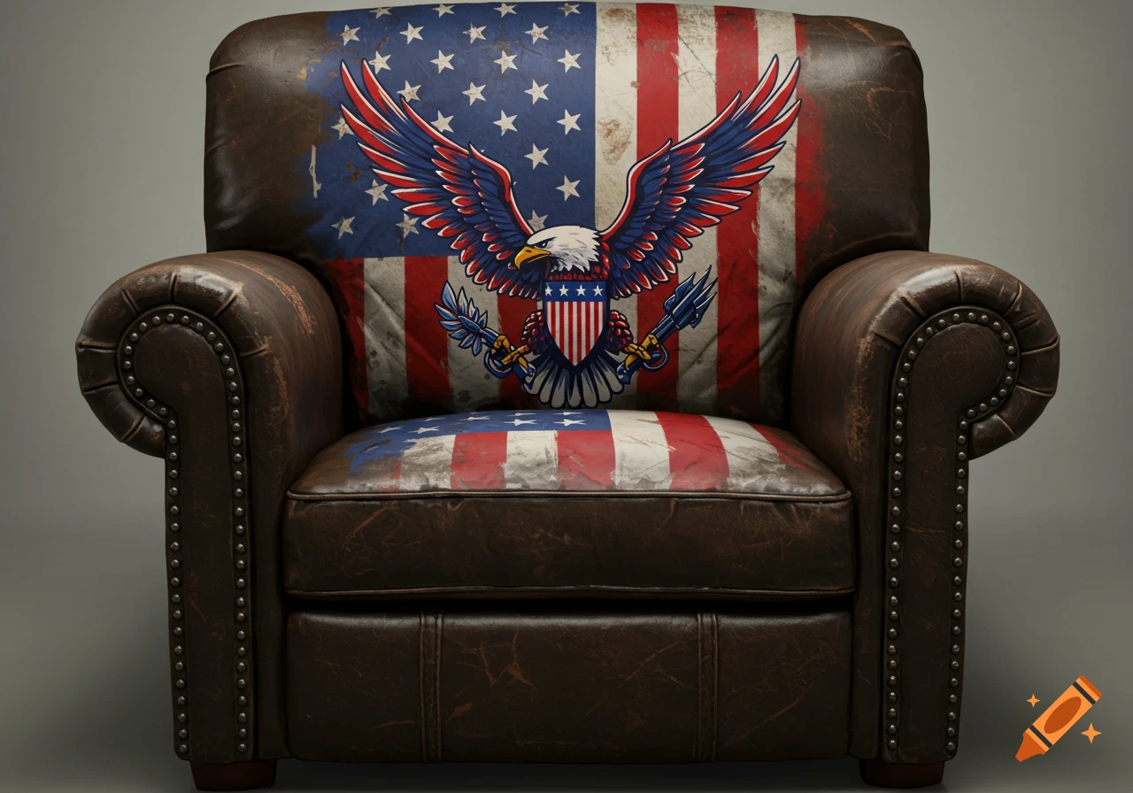 A brown leather armchair with a distressed American flag pattern and a bald eagle graphic holding stylized guns, photorealistic style.