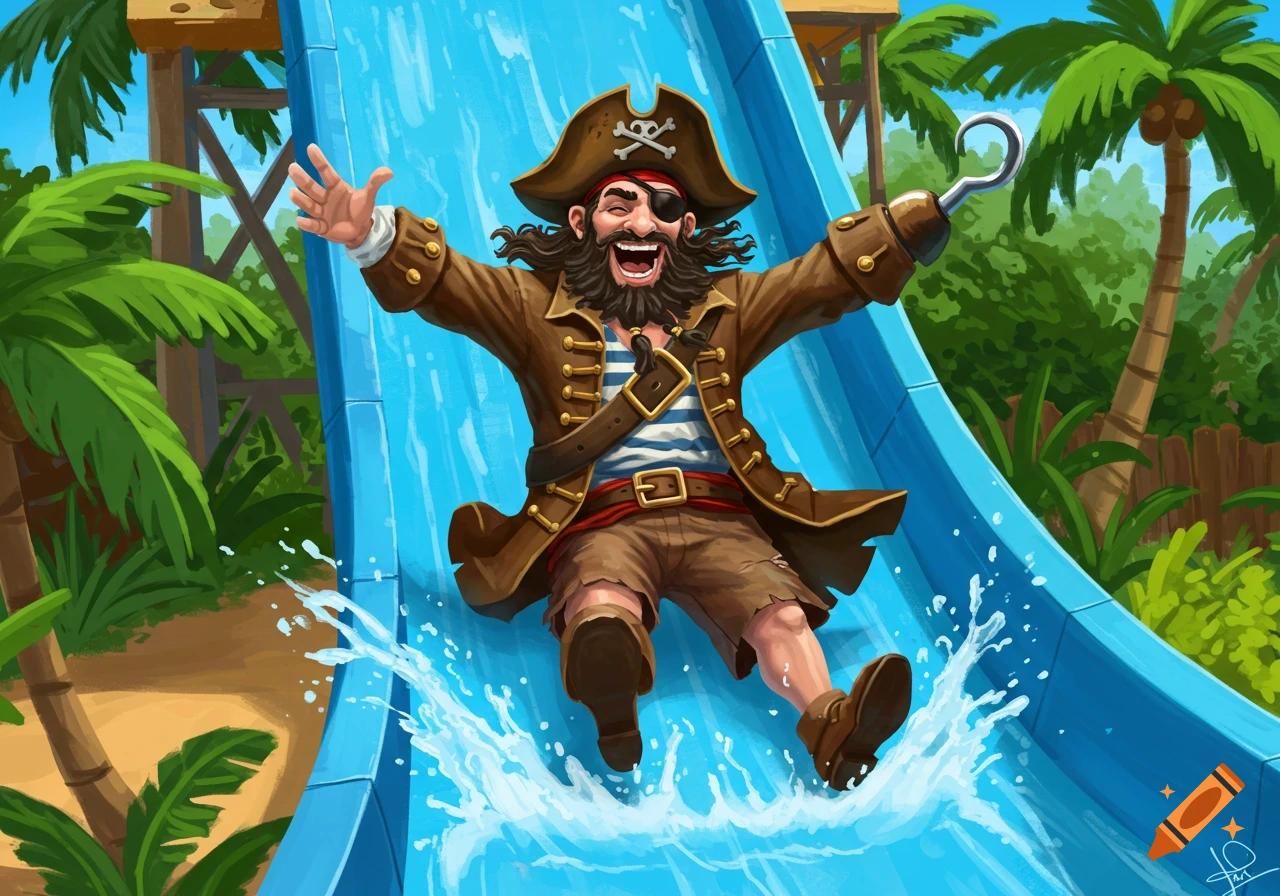 A cartoon pirate with a hook hand joyfully slides down a water slide, splashing water.