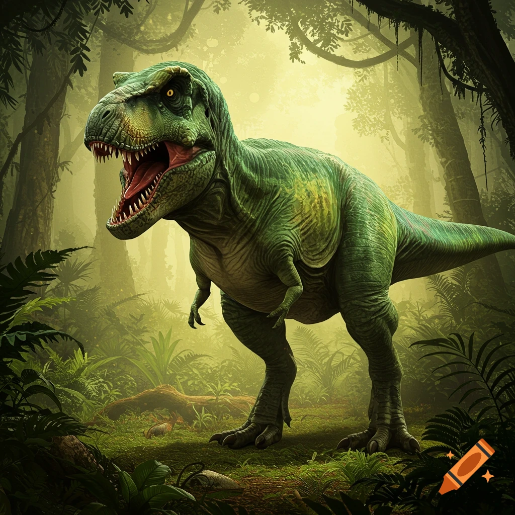 A green Tyrannosaurus Rex stands roaring in a lush, misty prehistoric jungle.