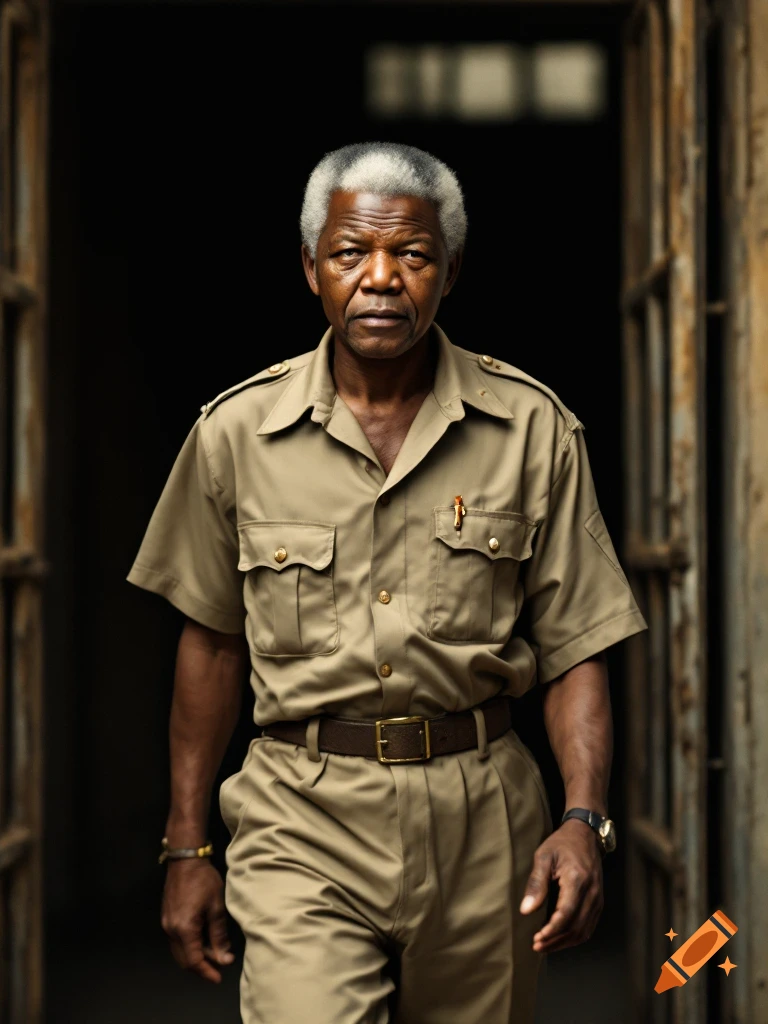 Photorealistic portrait of an older man in a beige uniform standing in a doorway