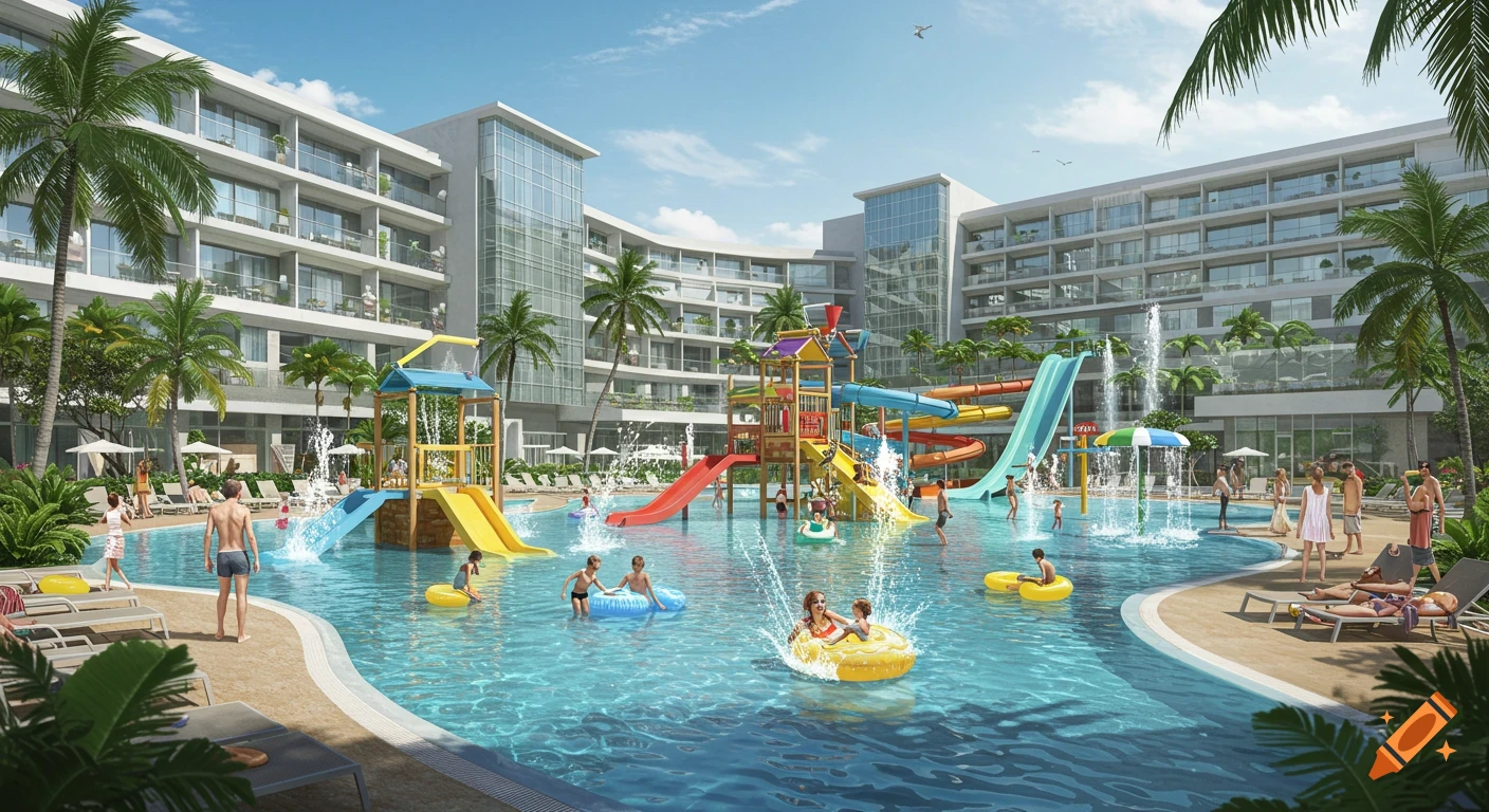 Photorealistic image of a modern resort water park with palm trees, slides, and people swimming