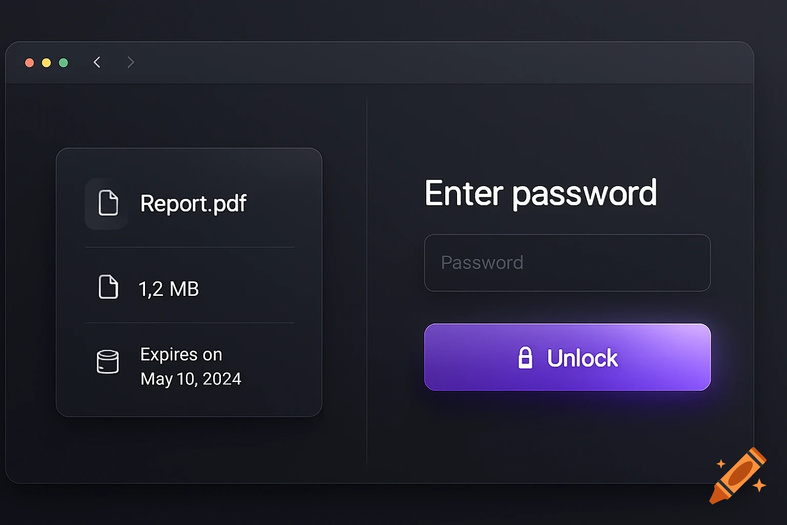 Dark mode web UI for file download with password entry and glassmorphism elements.