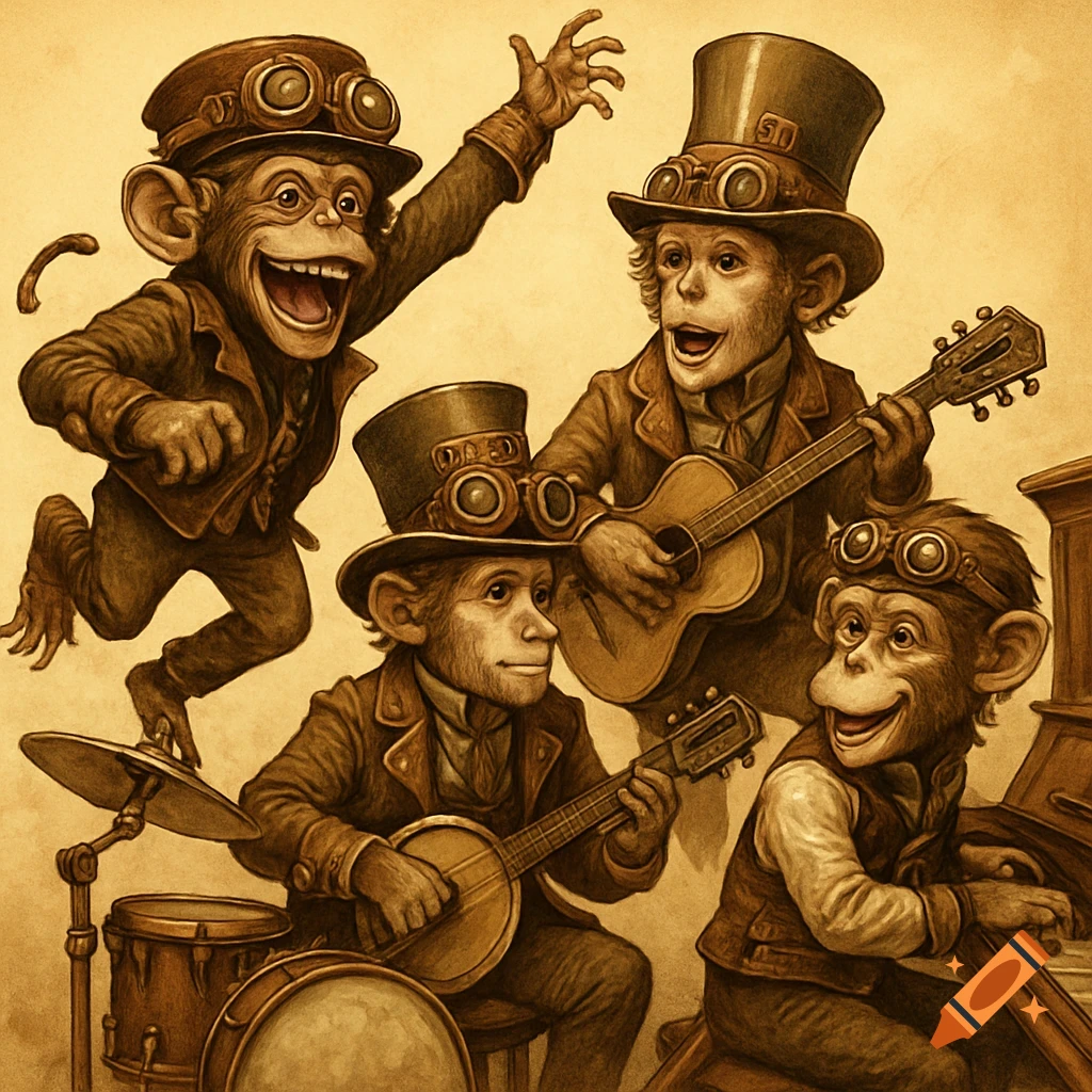 Illustration of four steampunk monkeys playing music: one on drums, one on banjo, one on guitar, and one on piano.