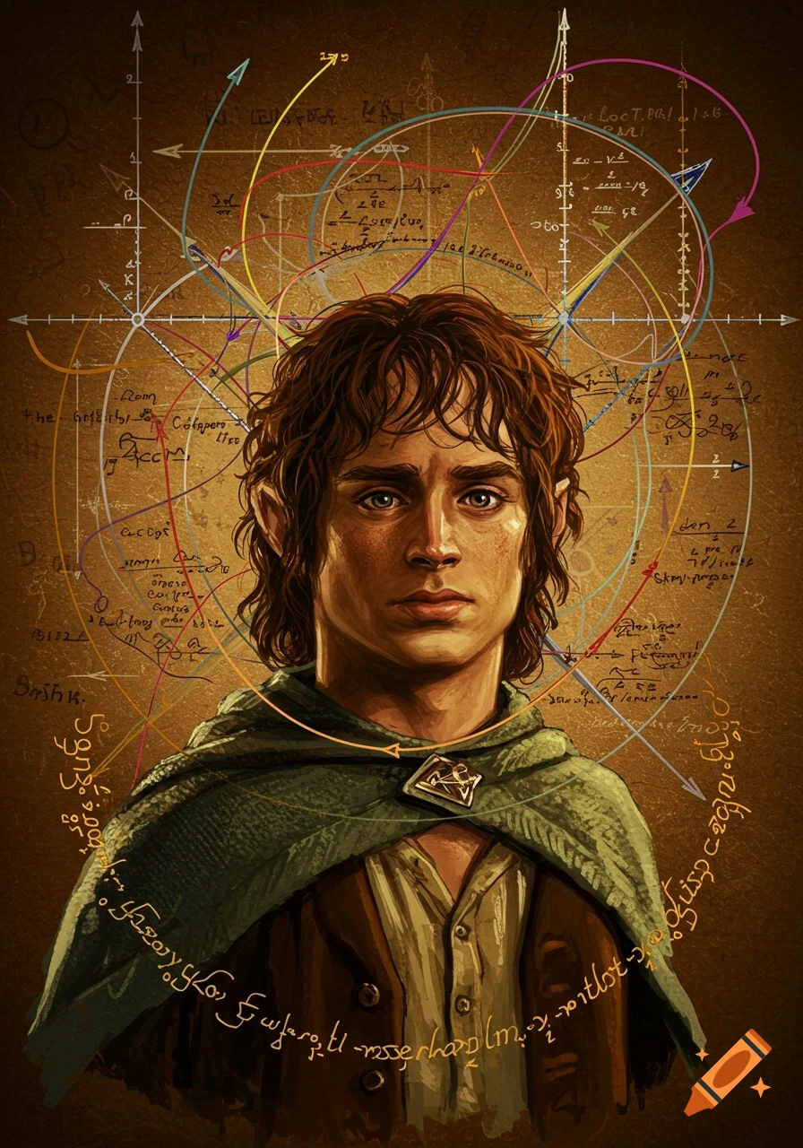 Portrait of Frodo Baggins from Lord of the Rings against a background of mathematical graphs and fantasy script in a painterly style.