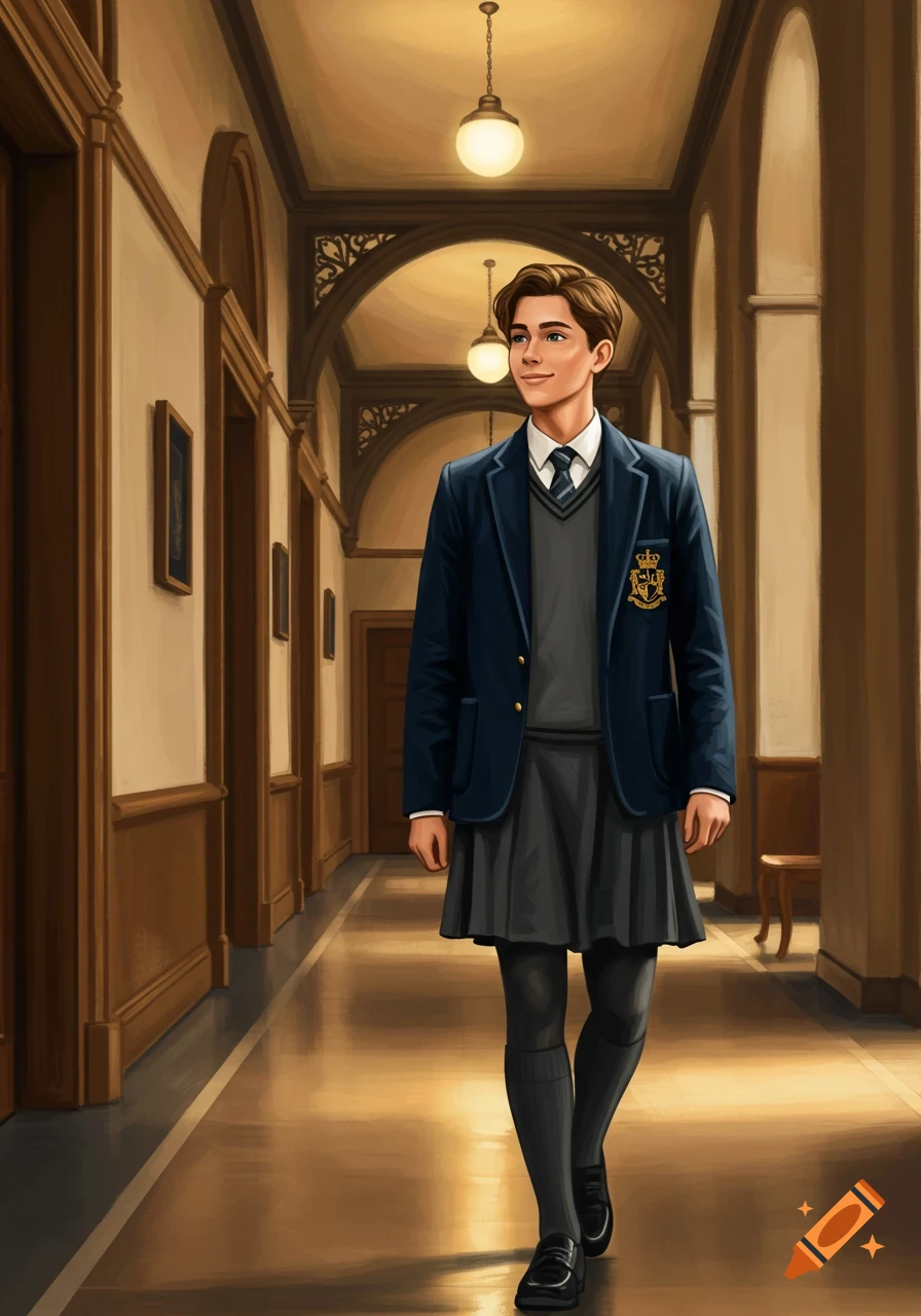 Realistic illustration of a person in a school uniform with a skirt and blazer walking down a hallway.