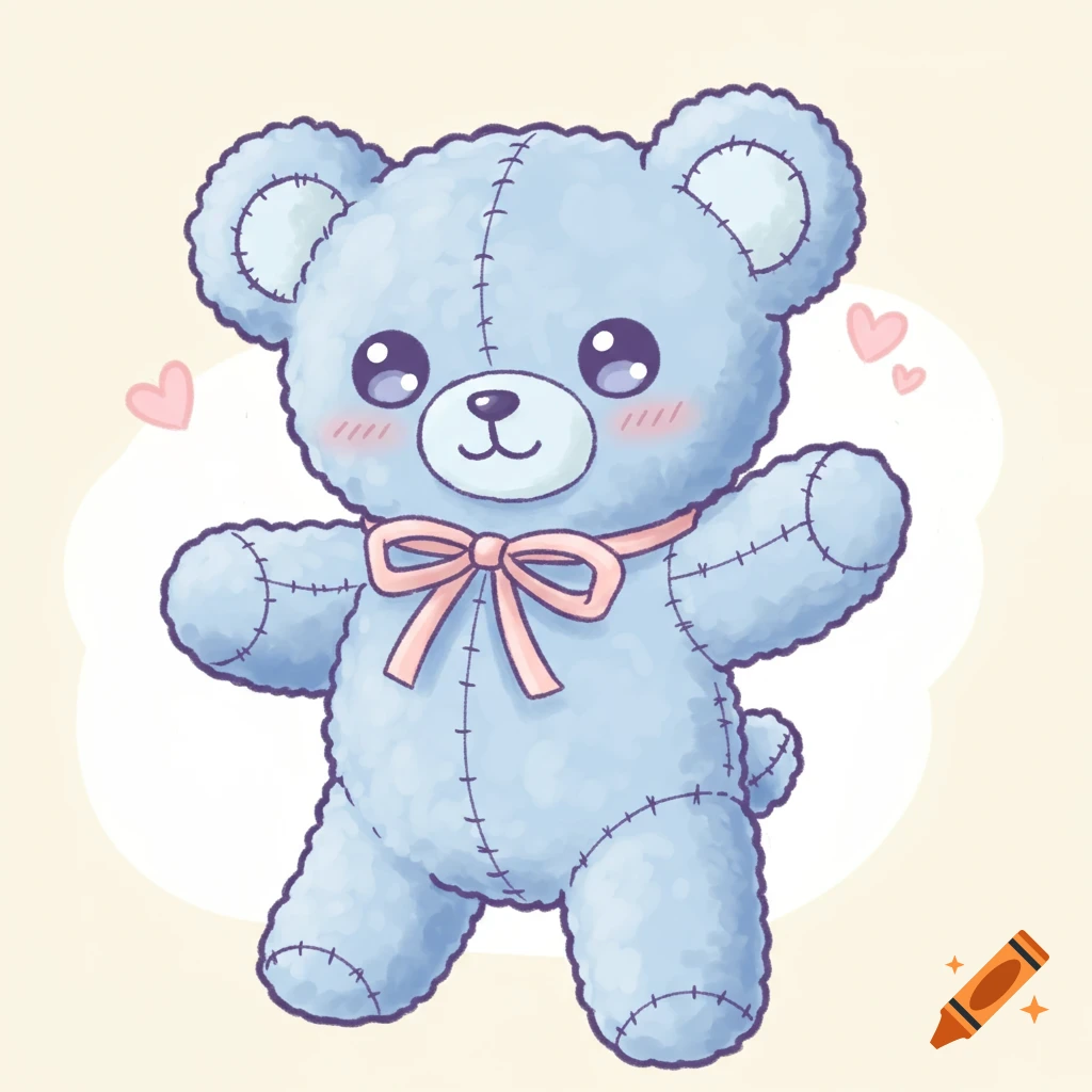 A cute blue teddy bear drawing with a pink bow and small pink hearts.