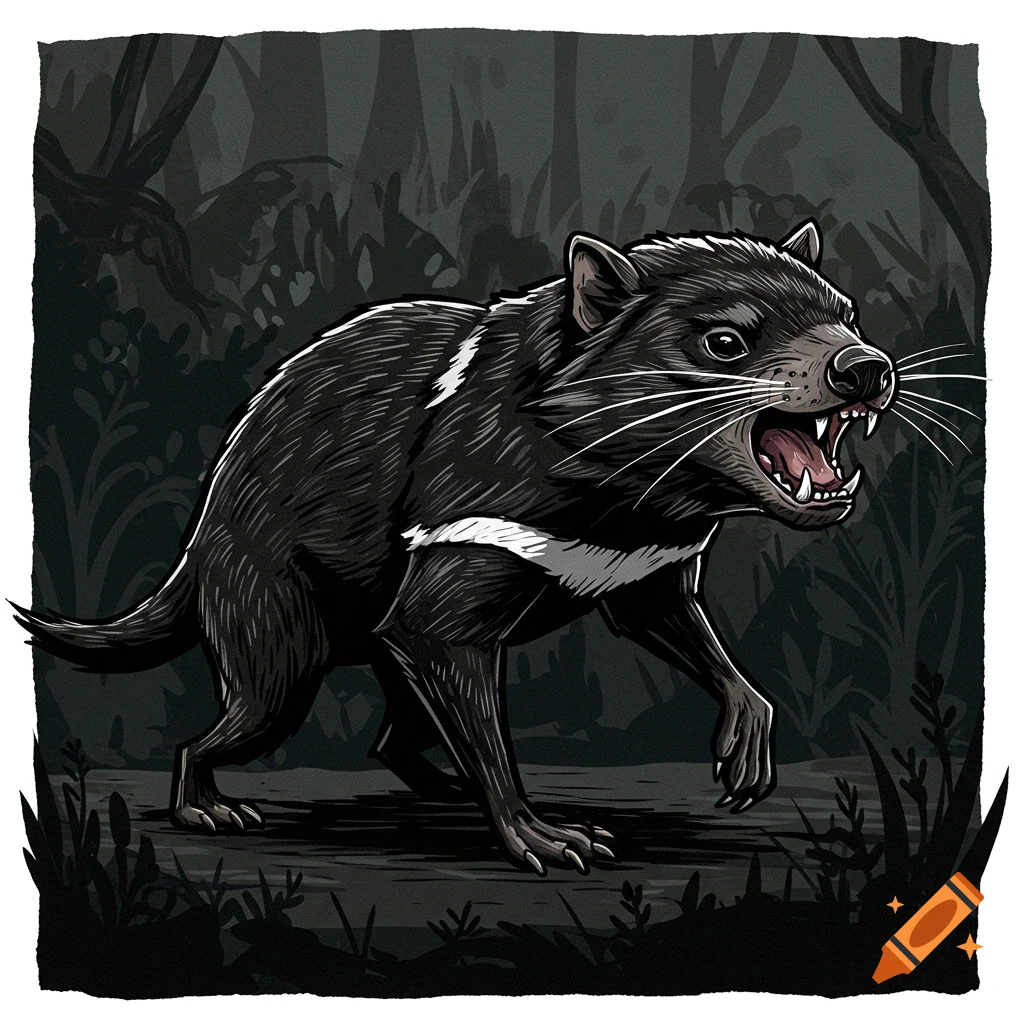 Stylized linocut illustration of a snarling Tasmanian devil walking through a dark forest.
