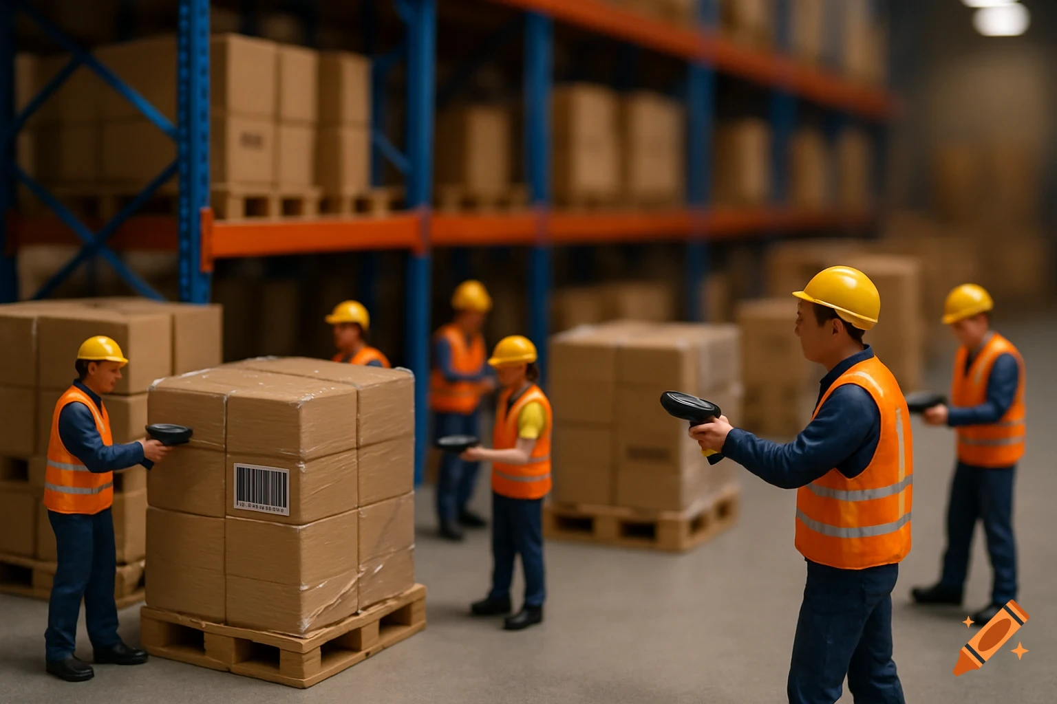 Miniature workers scanning boxes in a warehouse.