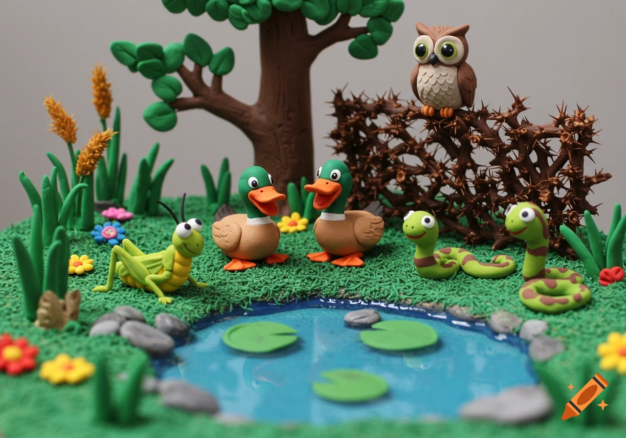 Clay model diorama with ducks, grasshopper, snake, and owl near a pond.