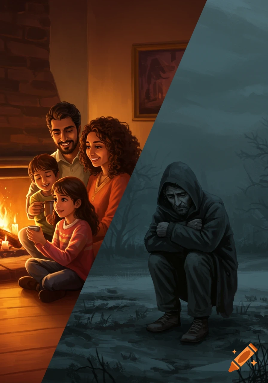 An illustration split diagonally showing a warm family by a fireplace on one side and a cold, lonely figure outside on the other.