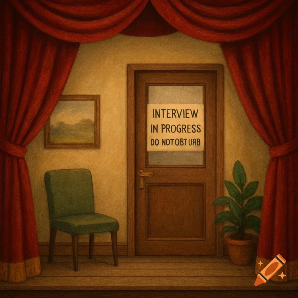 Theatre waiting area with red curtains, green chair, plant, and a door sign 'Interview in Progress, Do Not Obturb'.