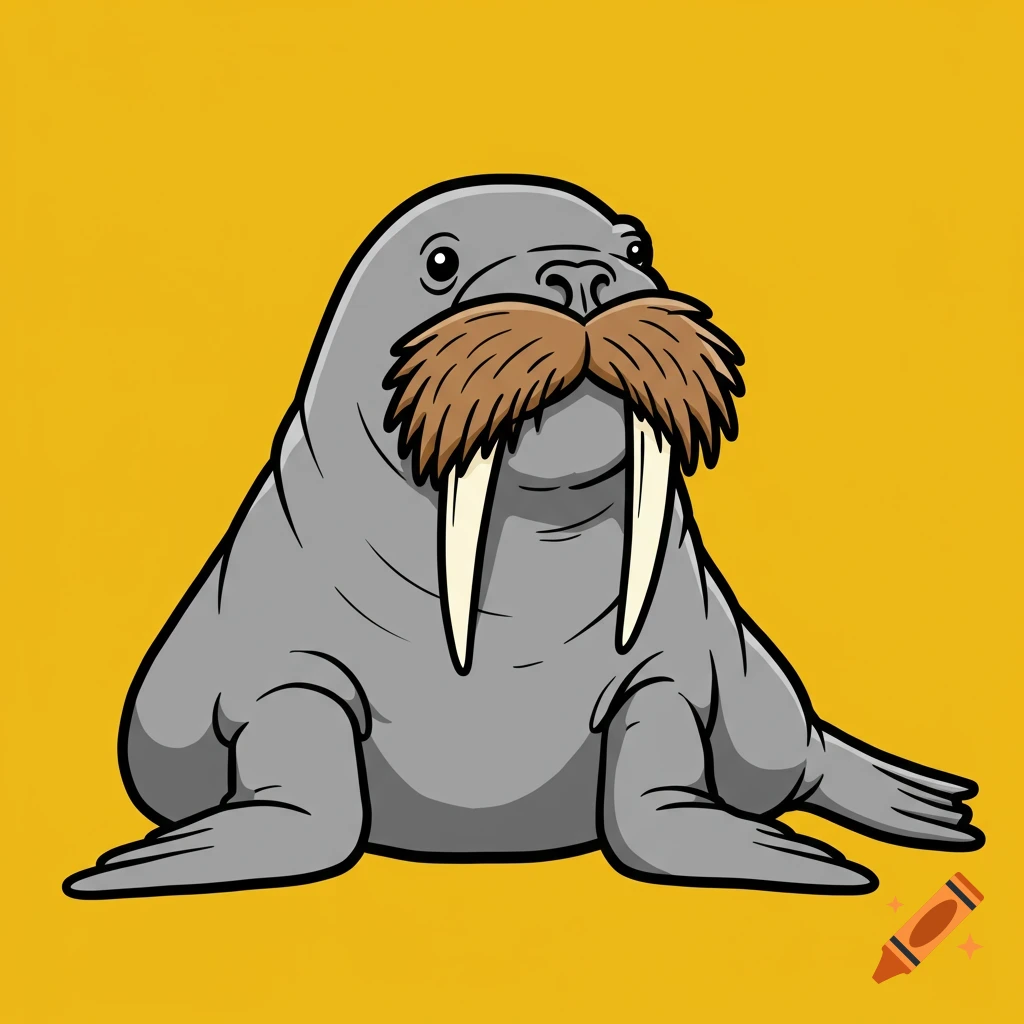 A clip art style cartoon walrus with a moustache and tusks on a yellow background.
