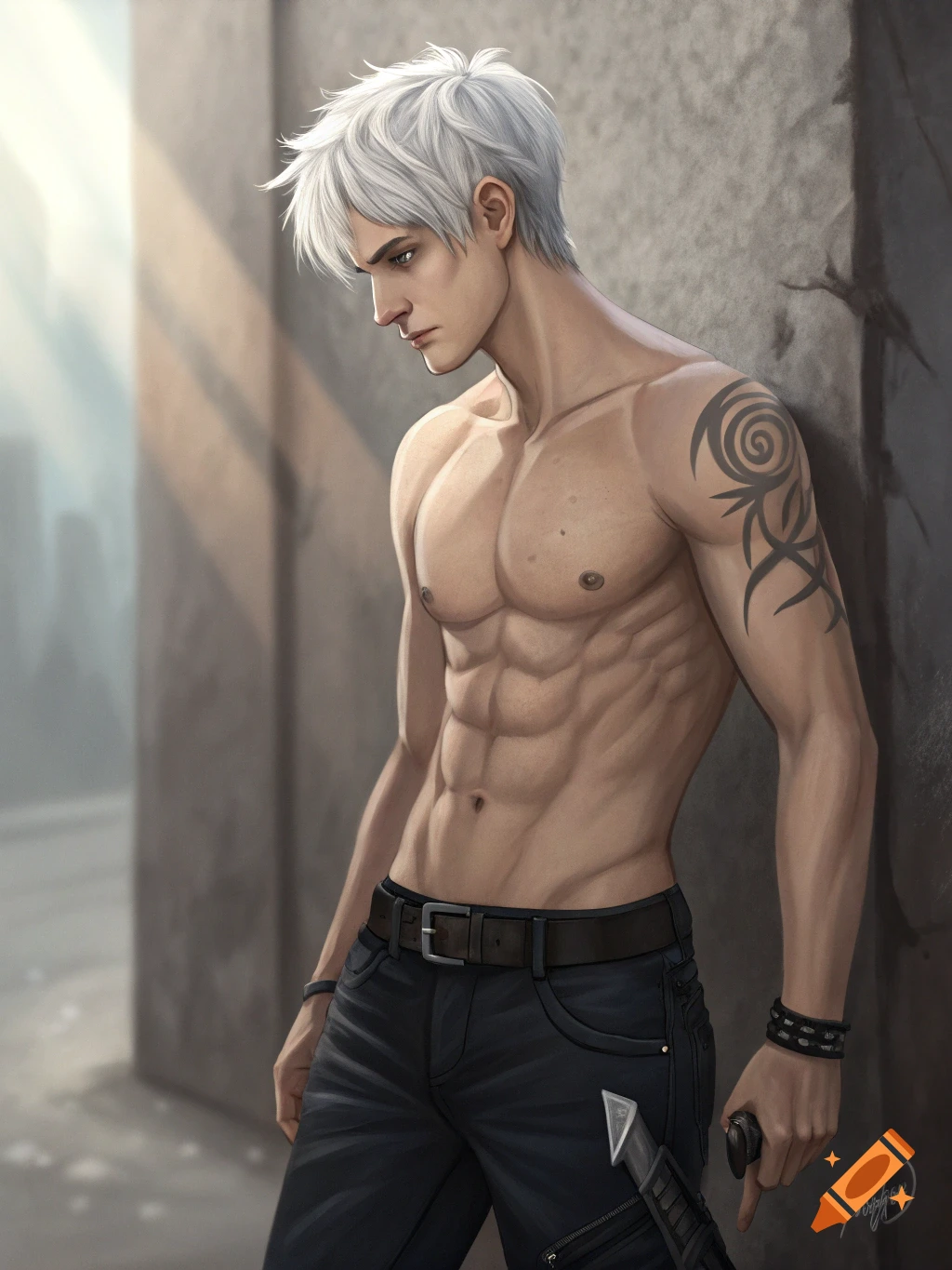 Digital art of a shirtless man with silver hair and abs leaning against a wall, with a tattoo on his arm.
