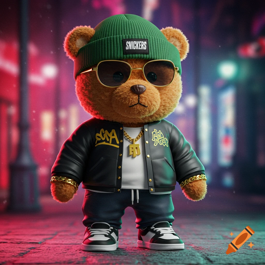 A fluffy brown teddy bear stands outside at night, wearing a green beanie, sunglasses, a black leather jacket, jeans, and sneakers, adorned with gold chains.