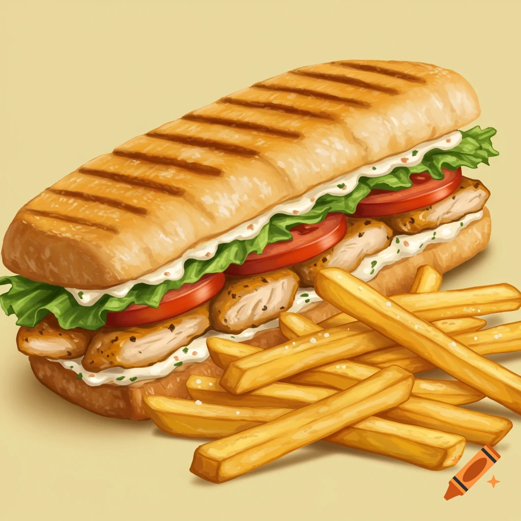 Illustration of a chicken panini sandwich with fries.