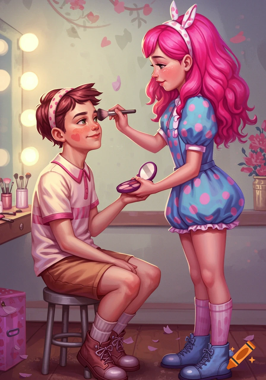 An illustrative image of a girl applying makeup to a boy in a dressing room.