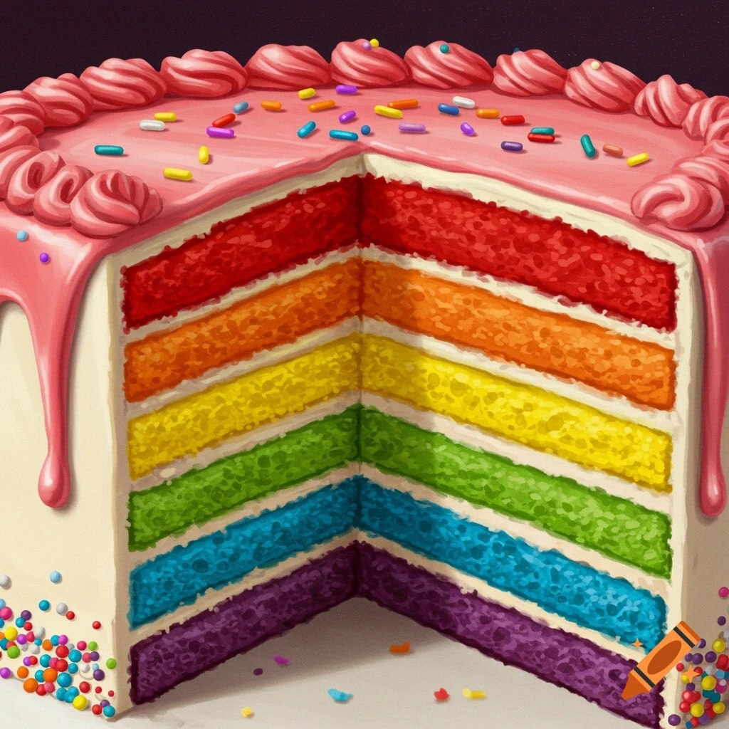 Realistic slice of a rainbow layer cake with pink frosting, drip, and sprinkles.