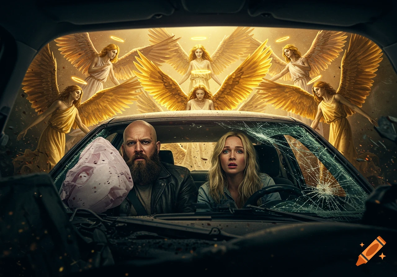 Frightened man and woman in a crashed car with deployed airbags, looking at glowing angels behind them.