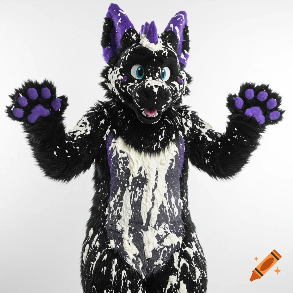 Black and purple dragon fursuit covered in cream standing in a studio with arms raised.