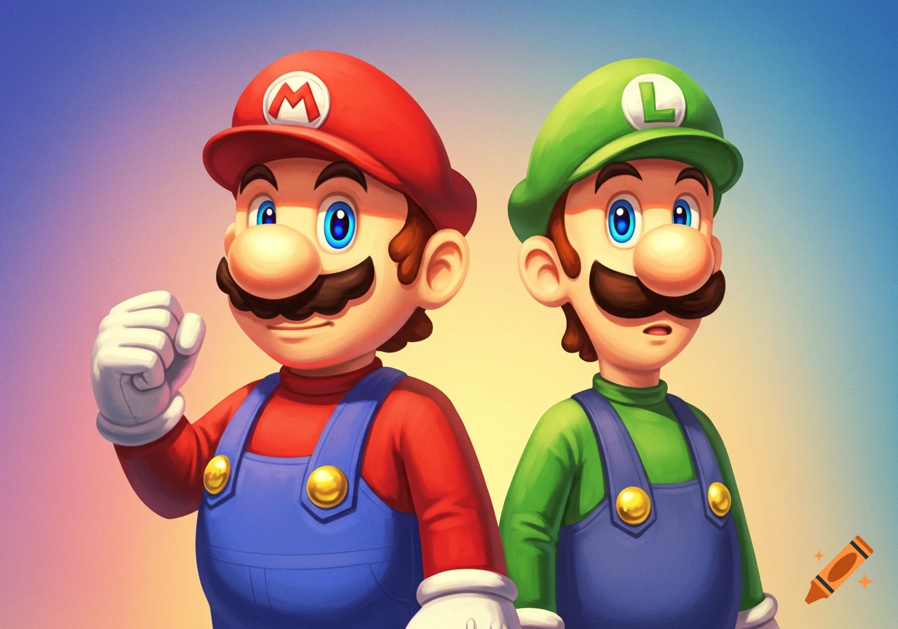 Illustration of Mario and Luigi standing side-by-side.