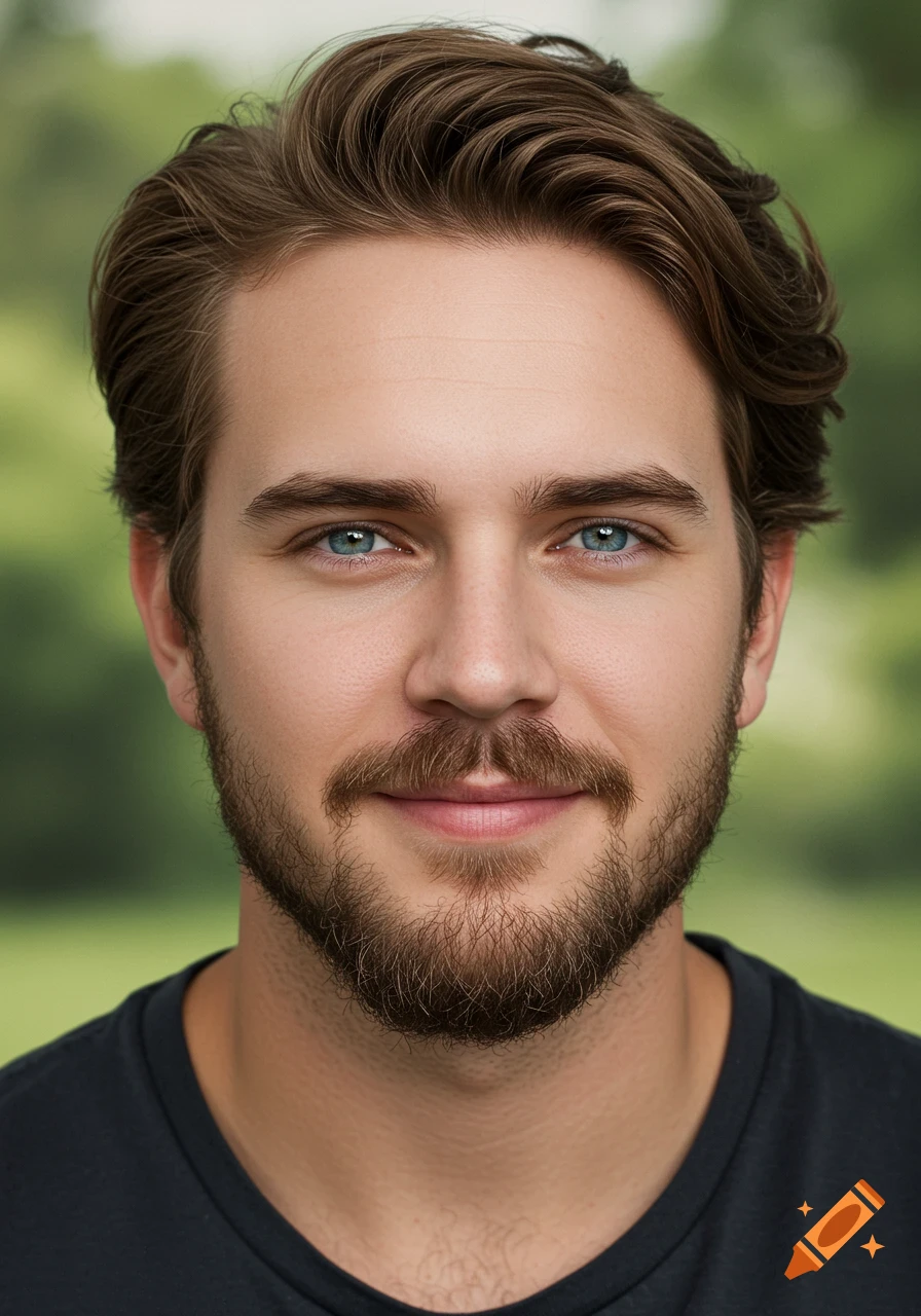 Photorealistic portrait of a man with blue eyes and beard.