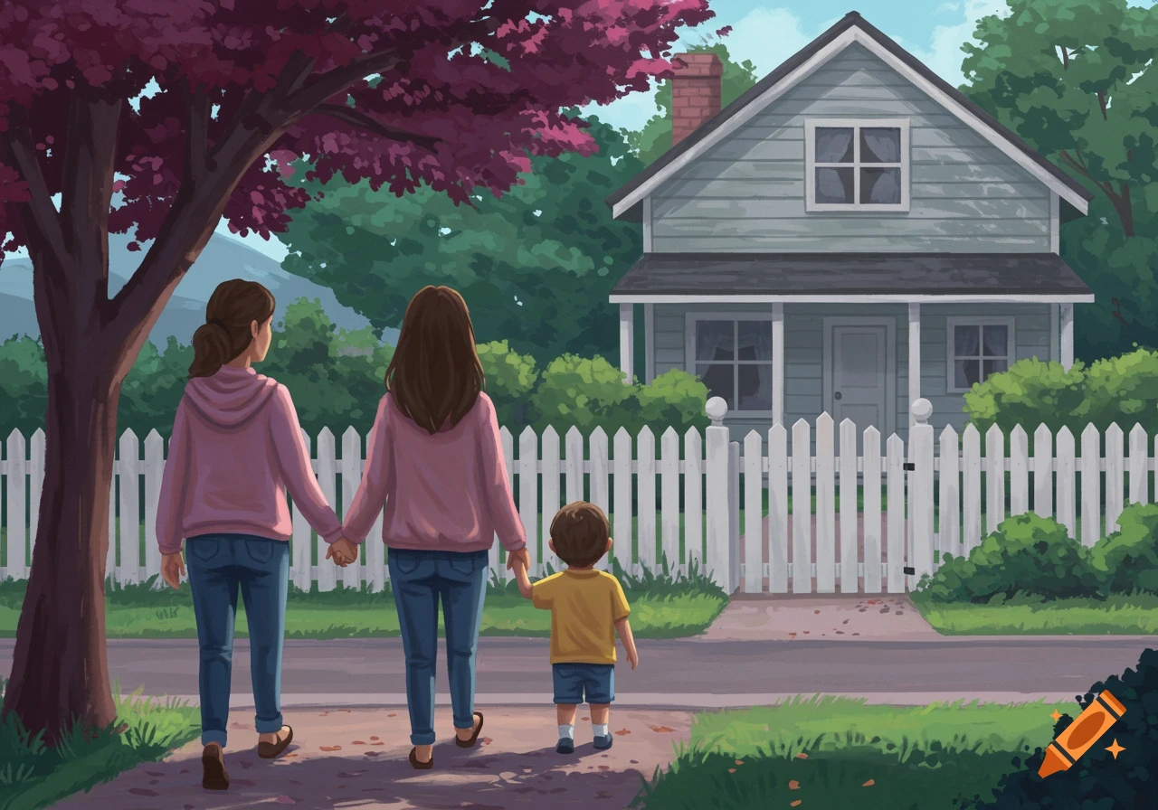 Two adults and a child walk down a sidewalk towards a house with a white picket fence in a suburban illustration.