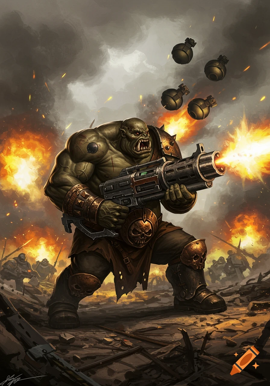 Illustration of a large green-skinned ogryn firing a heavy weapon and throwing grenades in a battlefield.