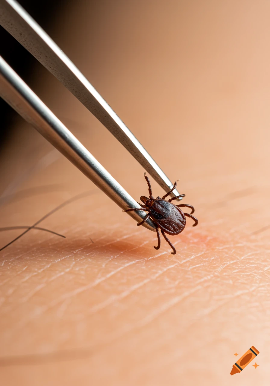 Close-up of tweezers removing a tick from human skin.