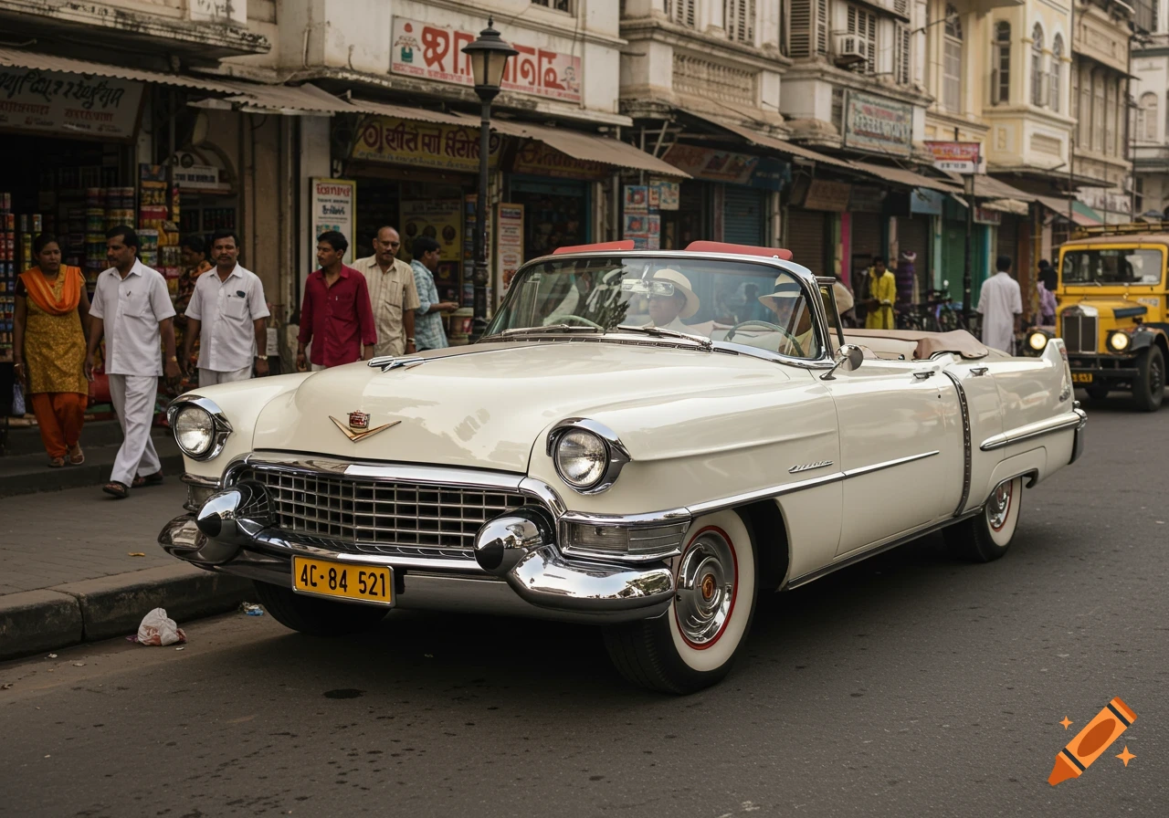 White 1952 Cadillac convertible on a busy street in India