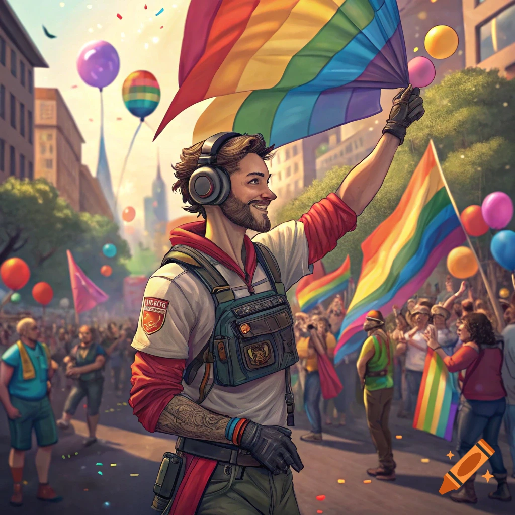 Person holding a rainbow flag at a pride parade on a city street, digital painting style.