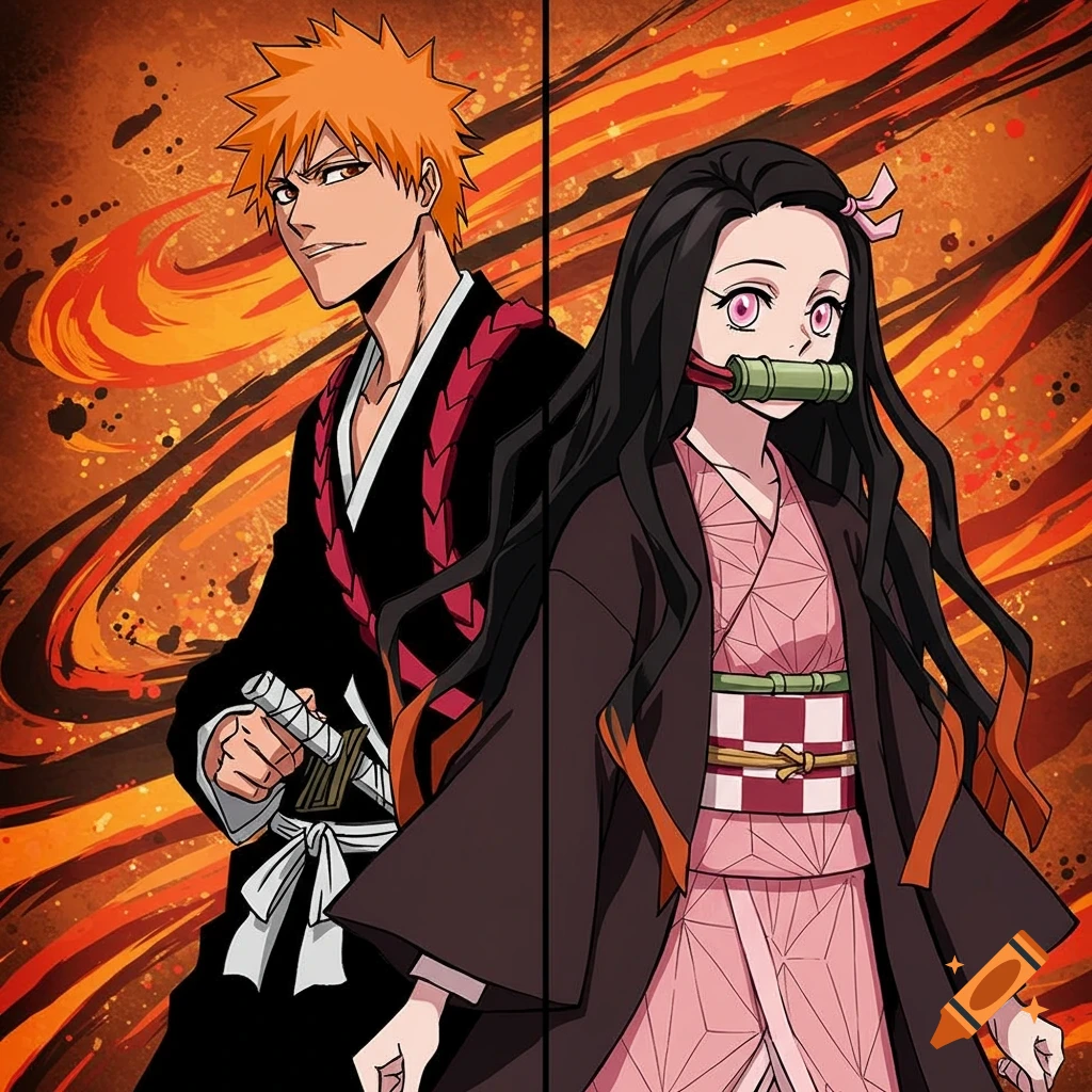 Anime characters Ichigo and Nezuko stand back-to-back with an orange background.