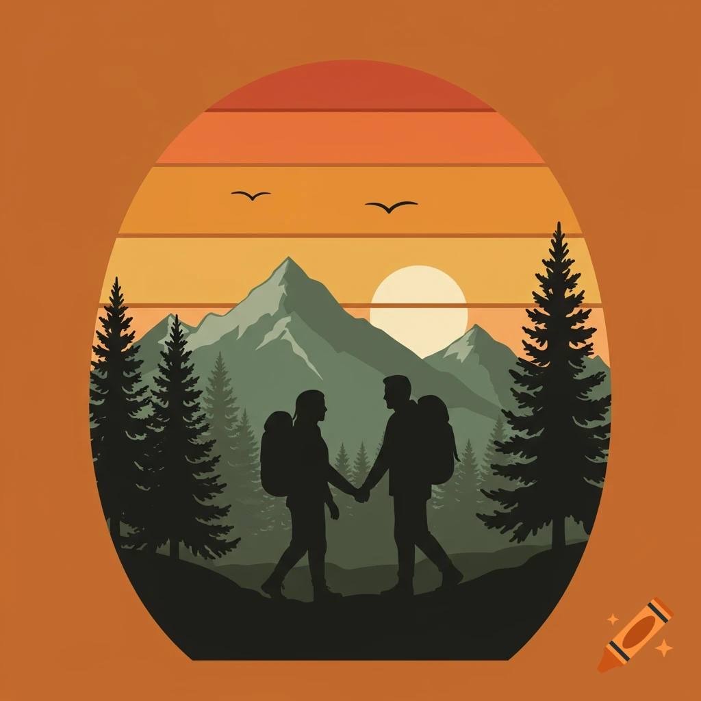 Vintage style vector illustration of a couple hiking silhouettes with backpacks holding hands against a sunset landscape framed by pine trees and mountains.