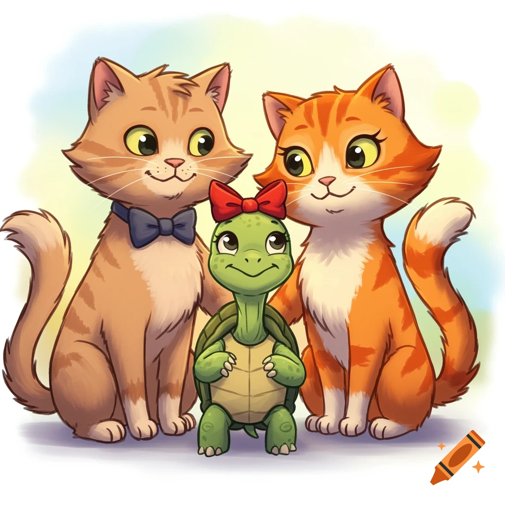 Cartoon illustration of two ginger cats sitting with a small turtle wearing a red bow.