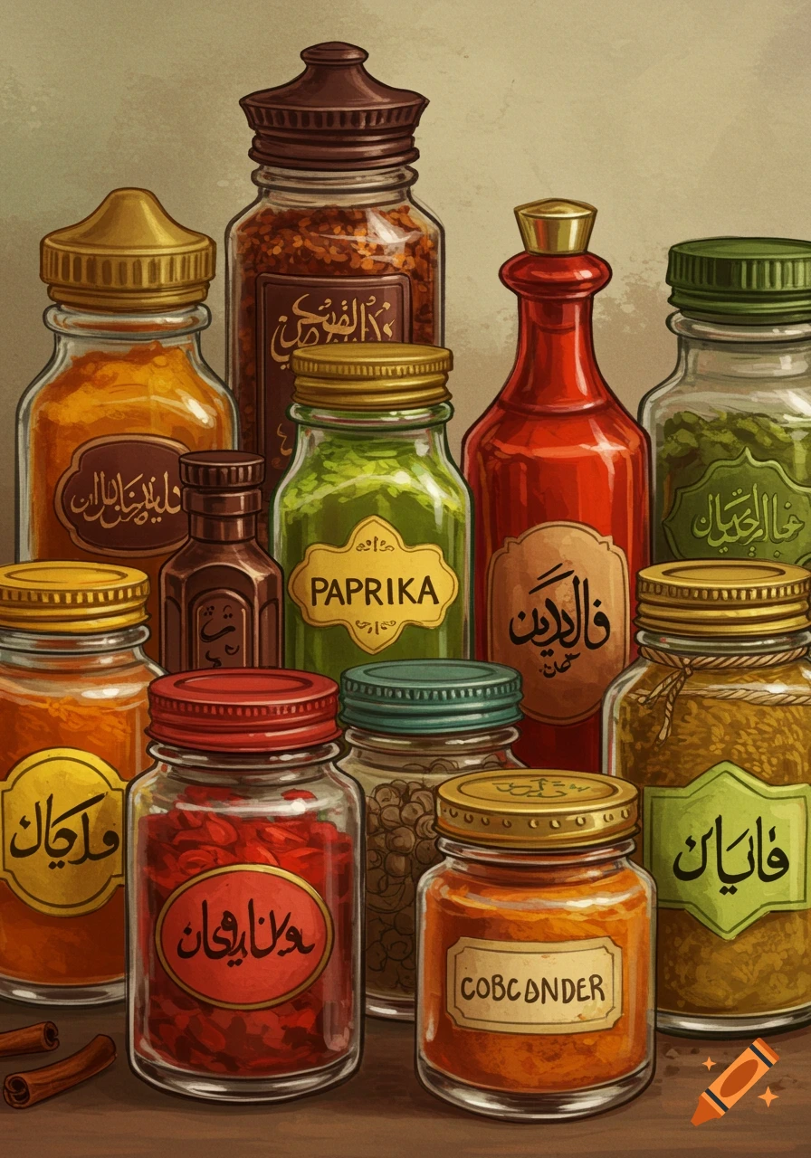 Illustrative style image of various spice jars filled with colorful spices on a wooden surface.