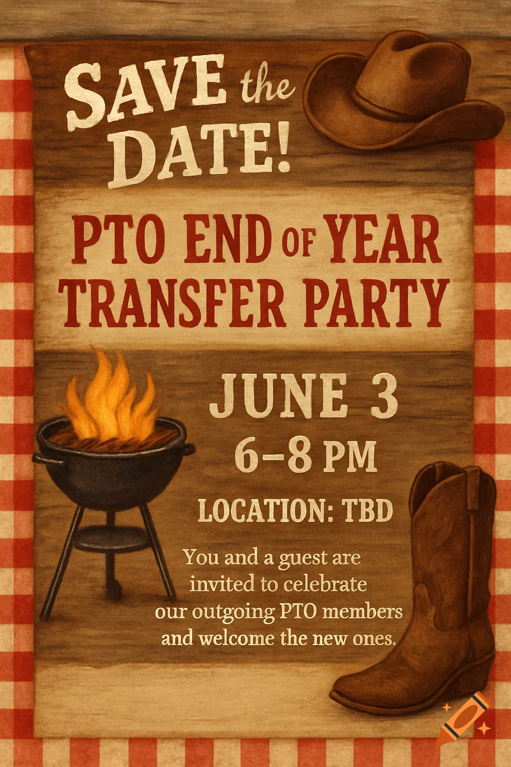 Flyer for a PTO party with country and BBQ theme, featuring text, a grill, cowboy hat, and boot.