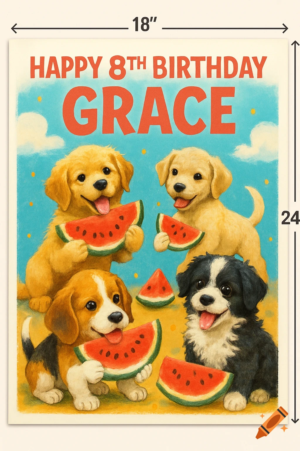 Illustration of four puppies with watermelon slices on a beach, with 'HAPPY 8TH BIRTHDAY GRACE' text.