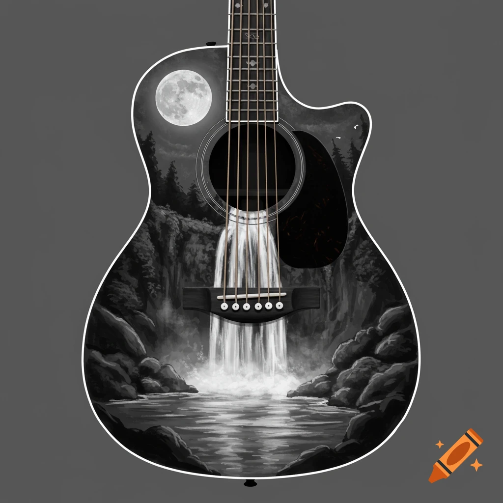 A grayscale acoustic guitar with a moonlit waterfall and forest scene painted on its body.