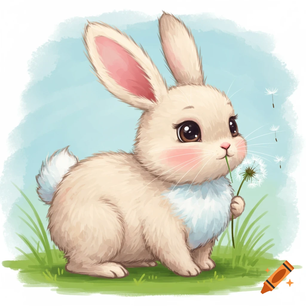 A cute watercolor bunny holds a dandelion in a grassy field.
