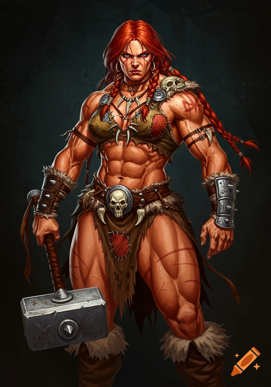 A muscular barbarian woman with red braided hair holds a large hammer in a fantasy art style.