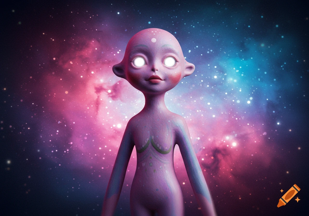 A pink stylized figure with large white eyes against a vibrant galaxy background.