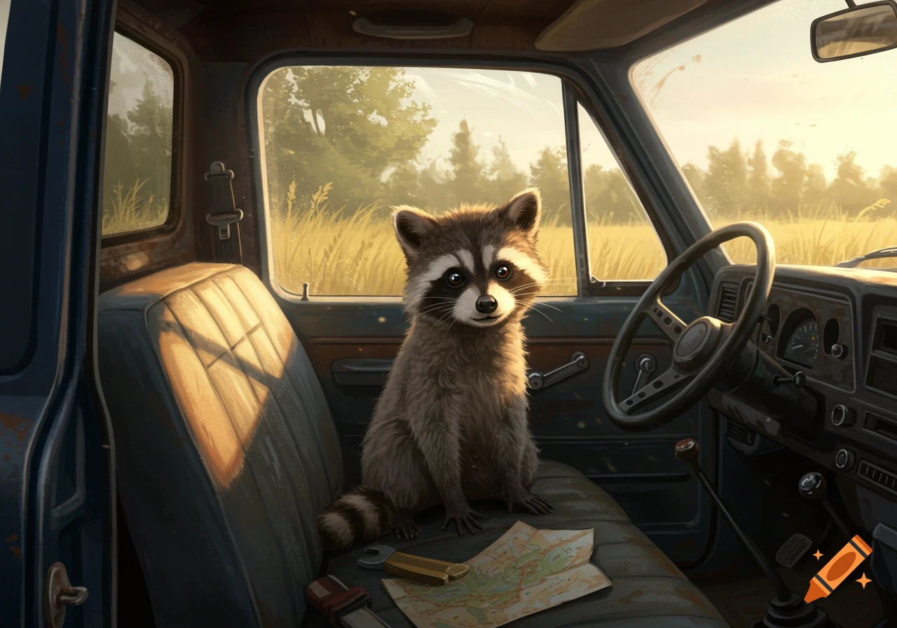 A raccoon kit sits on the passenger seat of a work truck.