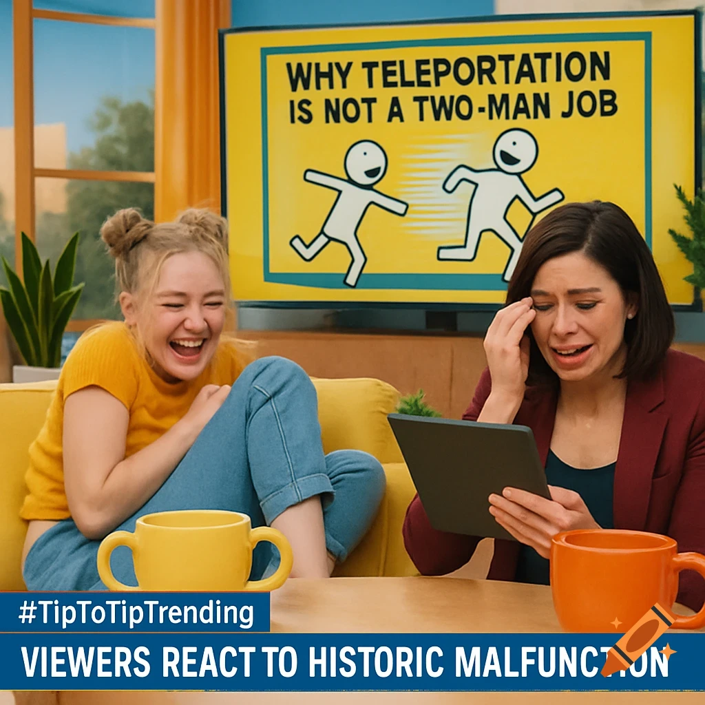 Two women on a couch reacting to a TV news segment about teleportation, one laughing, one crying.